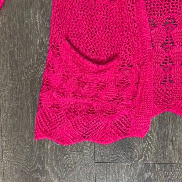 Women's Pink Crochet Knit Cardigan Sweater Pink Open front Boho Chic - Picture 8 of 10